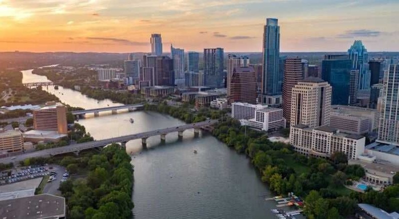 Sunset view of colorado river in austin texas